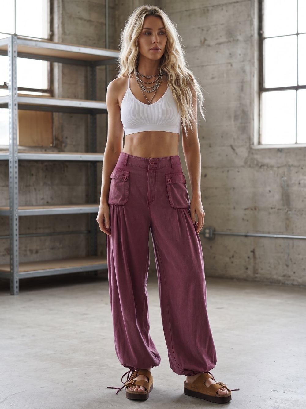 NWT Bluevelvet Blue Velvet Brand Lotus Burgundy Wide Leg Cinched Ankle Jogger